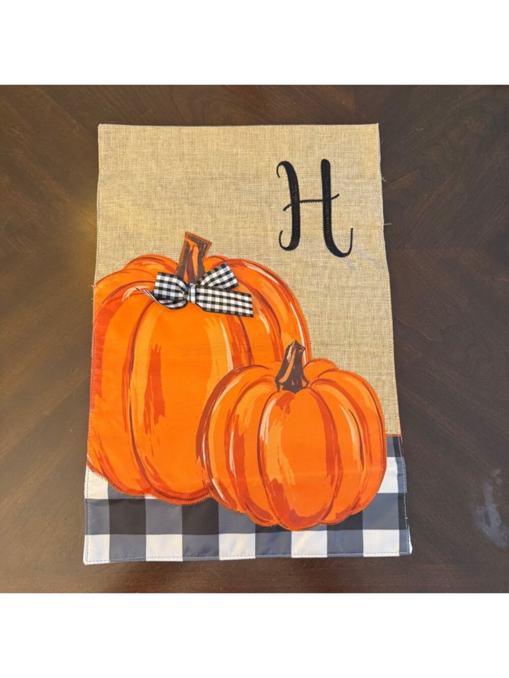 Pumpkin Burlap Garden Flag Black Monogram H Buffalo Plaid Fall Decor 12" x 18"